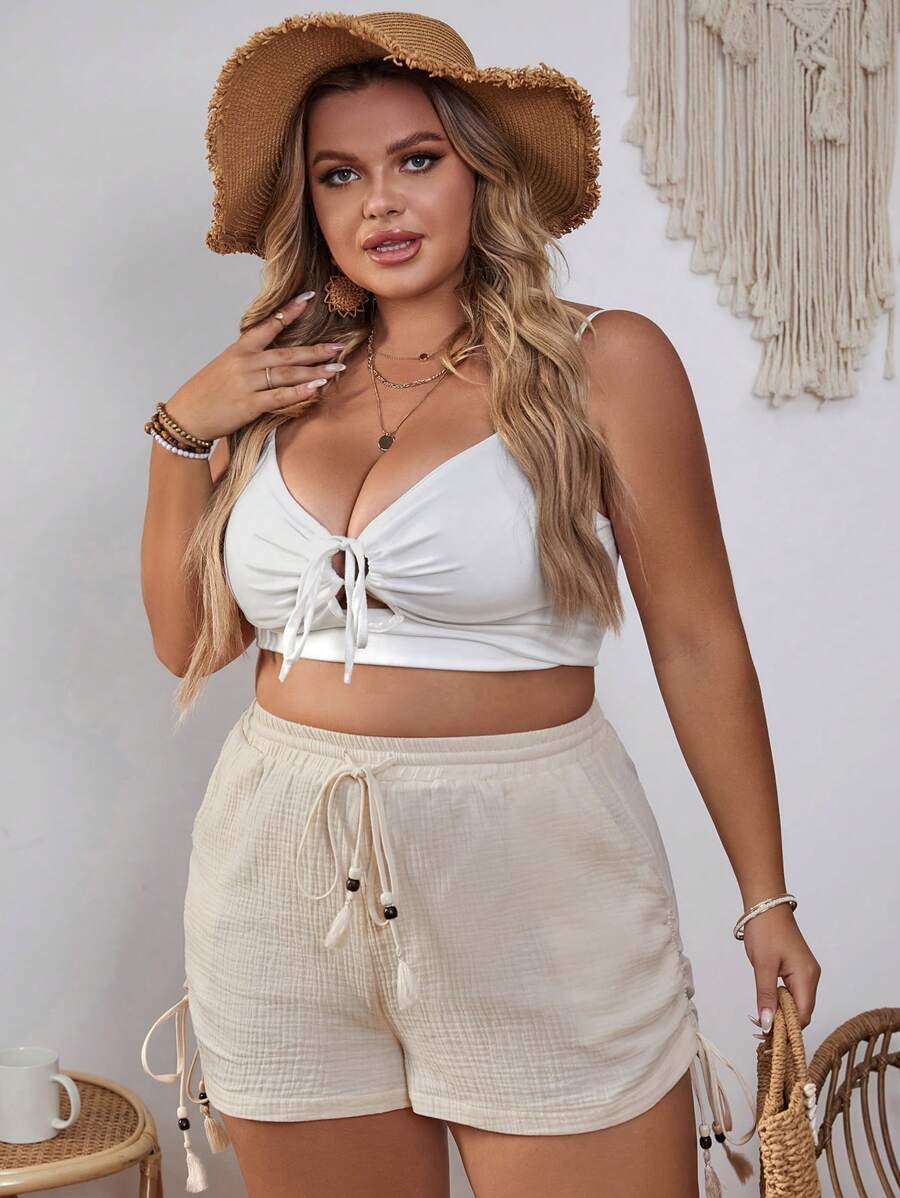 SHEIN VCAY Quần Short kích thước lớn Dây kéo Túi Xù màu trơn Giải trí - Màu be - Xem 1