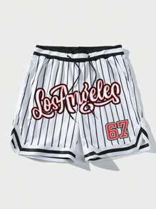 Aesthetic Post 男士條紋和字母圖案腰部抽繩短褲 - 白色 - 查看 6