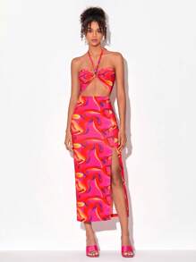 FURNANDA 滿版印花鏤空高衩掛脖連衣裙 - 彩色 - 查看 1