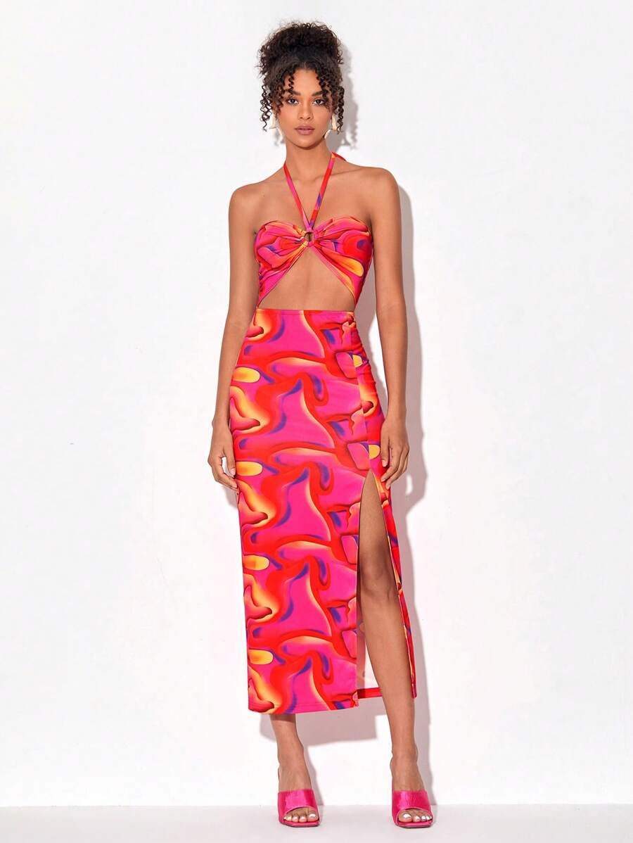 FURNANDA 滿版印花鏤空高衩掛脖連衣裙 - 彩色 - 查看 1