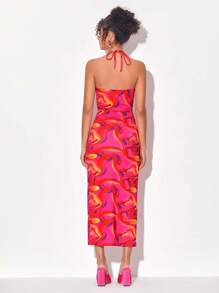 FURNANDA 滿版印花鏤空高衩掛脖連衣裙 - 彩色 - 查看 2