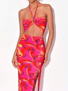 FURNANDA 滿版印花鏤空高衩掛脖連衣裙 - 彩色 - 查看 3