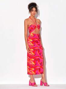 FURNANDA 滿版印花鏤空高衩掛脖連衣裙 - 彩色 - 查看 4