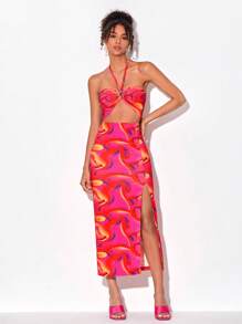 FURNANDA 滿版印花鏤空高衩掛脖連衣裙 - 彩色 - 查看 5