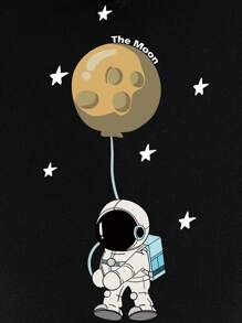 SHEIN Essnce 宇航員印花袋鼠口袋落肩袖抽繩加絨內裏連帽衫 - 黑色 - 查看 5