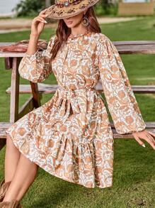 GENKIRA 佩斯利印花燈籠袖荷葉邊繫腰帶連衣裙 - 杏色 - 查看 6