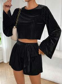 SHEIN Essnce 喇叭袖短款T恤&前打結短褲 - 黑色 - 查看 5