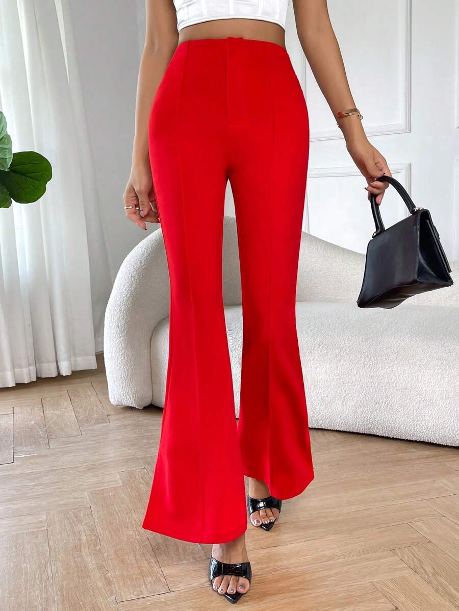 SHEIN Privé 高腰喇叭褲 - 紅色 - 查看 1