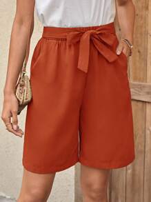 SHEIN LUNE 素色前繫帶闊腿短褲 - 亮橙色 - 查看 1