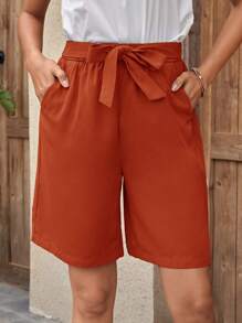 SHEIN LUNE 素色前繫帶闊腿短褲 - 亮橙色 - 查看 3
