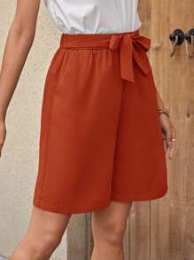 SHEIN LUNE 素色前繫帶闊腿短褲 - 亮橙色 - 查看 4