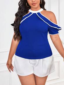 SHEIN Privé 大碼撞色滾邊挖肩荷葉邊T恤 - 寶藍色 - 查看 5