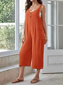 SHEIN LUNE Nút phía trước Áo liền quần ống rộng - Rỉ Nâu - Xem 3