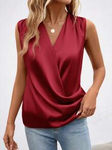 SHEIN LUNE Áo sơ mi nữ Trọn gói màu trơn Thanh lịch - Màu Đỏ Sâu - Xem 3
