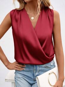 SHEIN LUNE Áo sơ mi nữ Trọn gói màu trơn Thanh lịch - Màu Đỏ Sâu - Xem 4