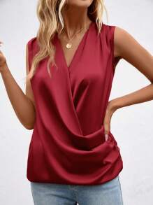 SHEIN LUNE Áo sơ mi nữ Trọn gói màu trơn Thanh lịch - Màu Đỏ Sâu - Xem 8