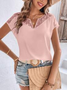 SHEIN Privé Contrast Mesh Insert Notched Neckline Batwing Sleeve Summer Blouse - Baby Pink - View 3