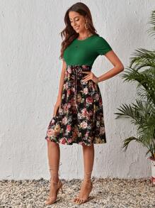 SHEIN LUNE Đầm Thắt lưng Hoa Giải trí - màu xanh lá - Xem 4