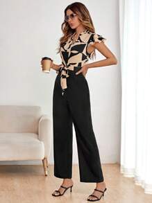 SHEIN Clasi 幾何印花蝴蝶袖腰帶連身褲 - 彩色 - 查看 4