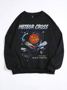 SHEIN EZwear Hành tinh & Đồ họa Chữ cái Thả vai Áo nỉ Oversized - màu đen - Xem 1