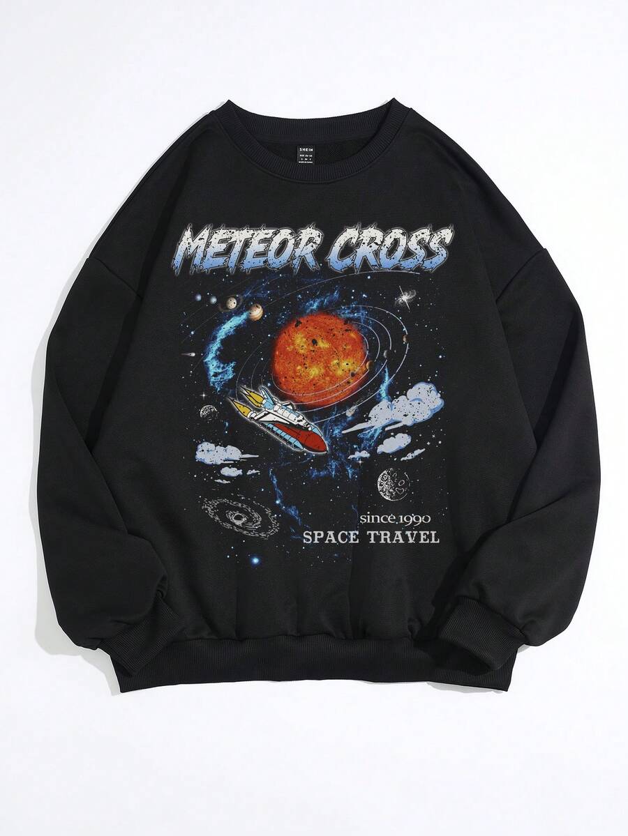 SHEIN EZwear Hành tinh & Đồ họa Chữ cái Thả vai Áo nỉ Oversized - màu đen - Xem 1