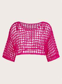 SHEIN EZwear 鏤空落肩袖針織短上衣不附文胸 - 玫紅色 - 查看 4