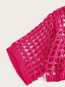 SHEIN EZwear 鏤空落肩袖針織短上衣不附文胸 - 玫紅色 - 查看 5