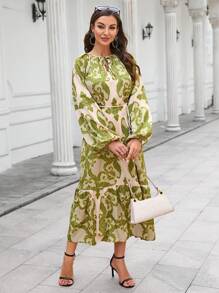 SHEIN Unity Scroll Print Lantern Sleeve Ruffle Hem Belted Dress - Multicolor - View 1