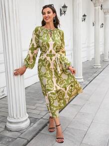 SHEIN Unity Scroll Print Lantern Sleeve Ruffle Hem Belted Dress - Multicolor - View 5