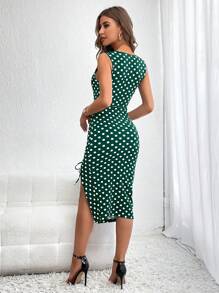 SHEIN Privé Đầm Dây kéo Thắt nút Tách cao Chấm bi Thanh lịch - Màu xanh lá cây đậm - Xem 2