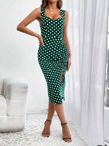 SHEIN Privé Đầm Dây kéo Thắt nút Tách cao Chấm bi Thanh lịch - Màu xanh lá cây đậm - Xem 3