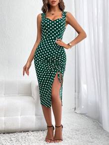 SHEIN Privé Đầm Dây kéo Thắt nút Tách cao Chấm bi Thanh lịch - Màu xanh lá cây đậm - Xem 5