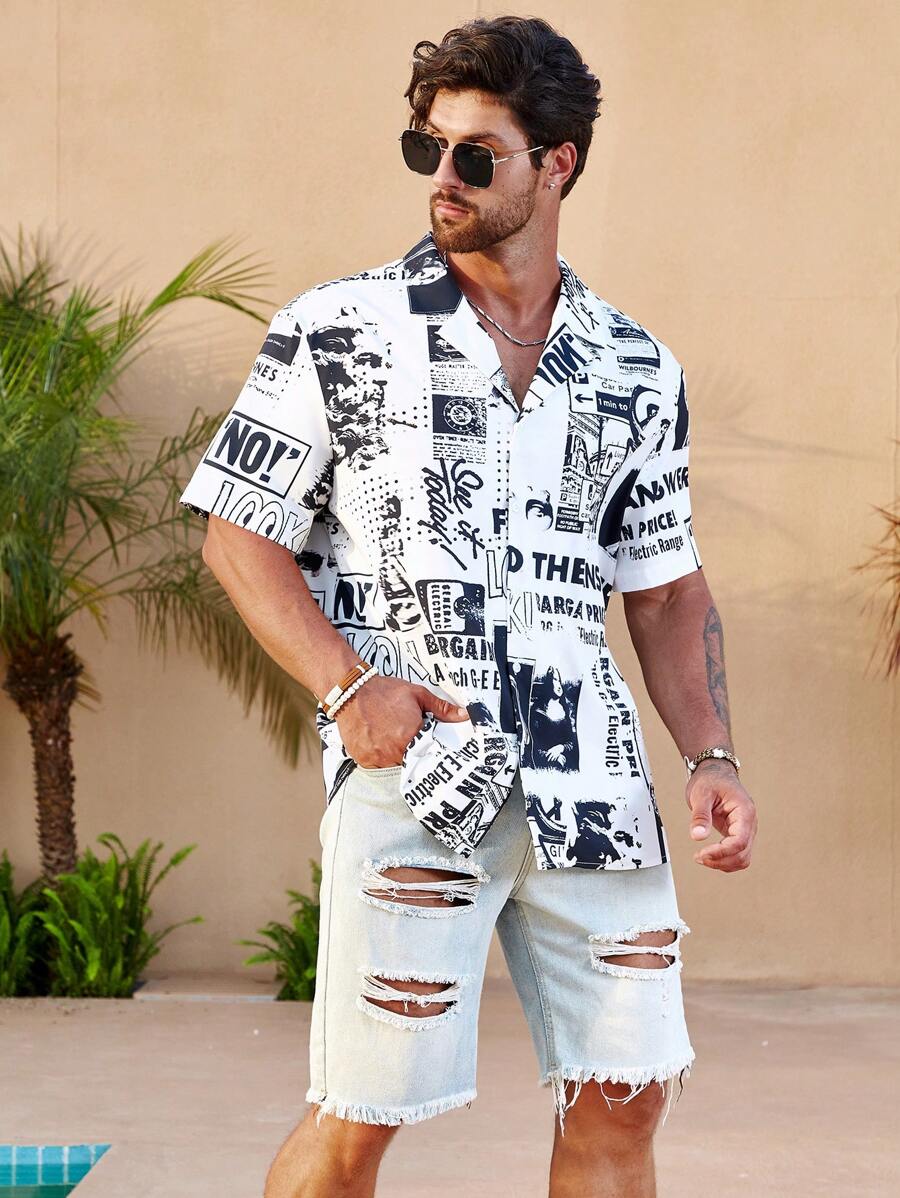 Manfinity LEGND Men Plus Letter Graphic Button Up Shirt - Black and White - View 1