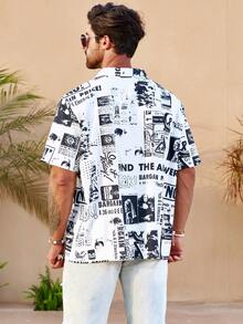 Manfinity LEGND Men Plus Letter Graphic Button Up Shirt - Black and White - View 2