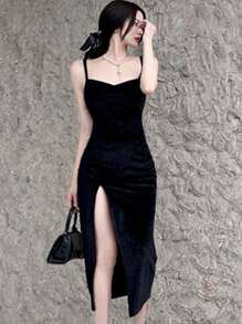 素色高開叉吊帶連衣裙 - 黑色 - 查看 1