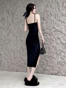 素色高開叉吊帶連衣裙 - 黑色 - 查看 2
