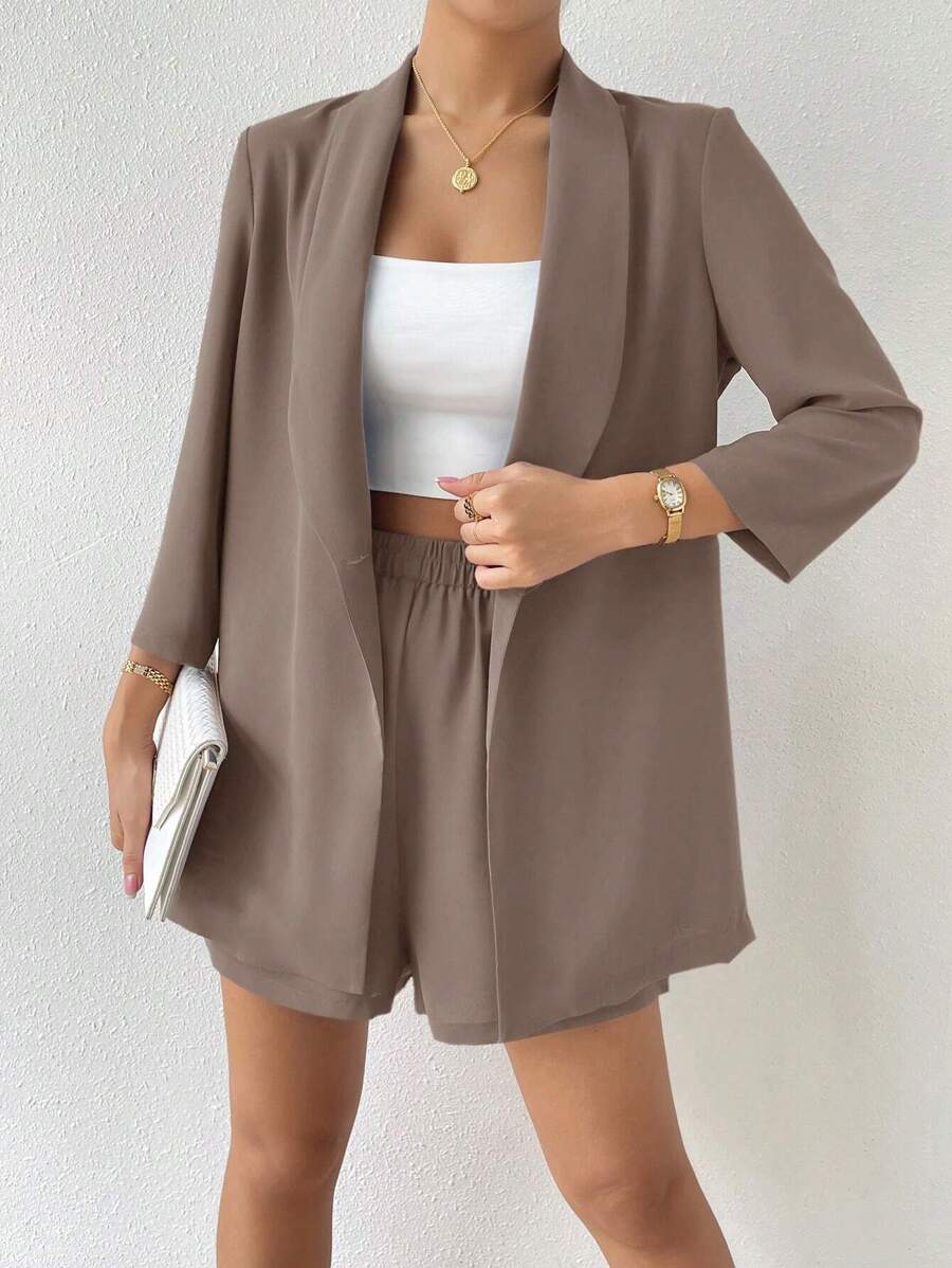 Chiquease Shawl Collar Open Front Coat & Shorts - Brown - View 1