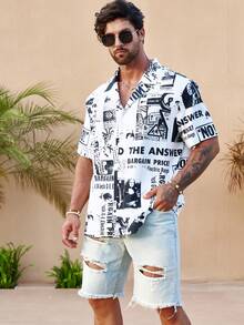 Manfinity LEGND Men Plus Letter Graphic Button Up Shirt - Black and White - View 4