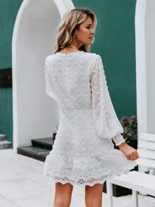 Simplee Swiss Dot Guipure Lace Trim Layered Hem Dress - White - View 2