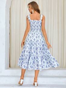 碎花肩上打結荷葉邊吊帶連衣裙 - 藍白色 - 查看 2