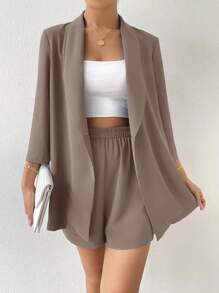 Chiquease Shawl Collar Open Front Coat & Shorts - Brown - View 3