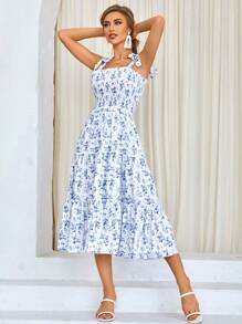 碎花肩上打結荷葉邊吊帶連衣裙 - 藍白色 - 查看 3