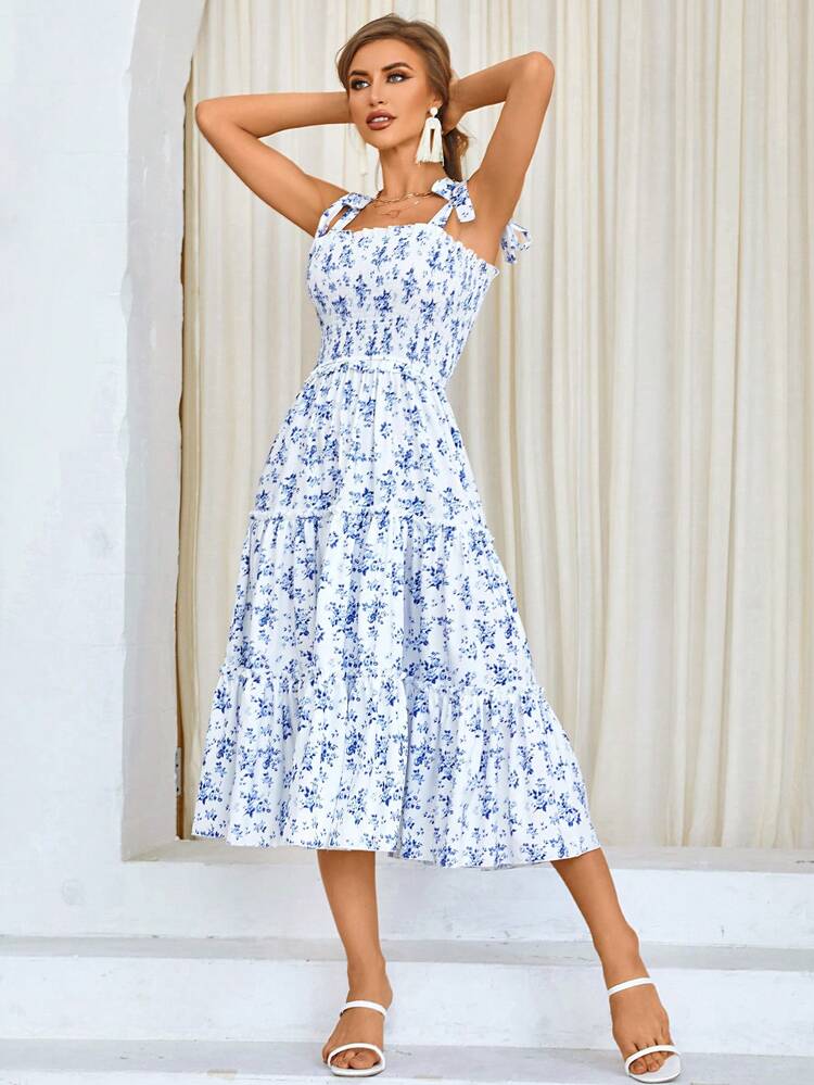碎花肩上打結荷葉邊吊帶連衣裙 - 藍白色 - 查看 3