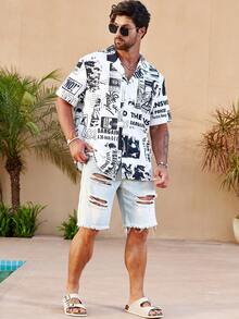 Manfinity LEGND Men Plus Letter Graphic Button Up Shirt - Black and White - View 6