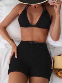 素色掛脖比基尼泳裝 - 黑色 - 查看 1