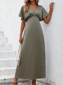 SHEIN Clasi 素色蝙蝠袖A字連衣裙 - 綠色 - 查看 2