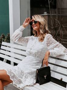 Simplee Swiss Dot Guipure Lace Trim Layered Hem Dress - White - View 4