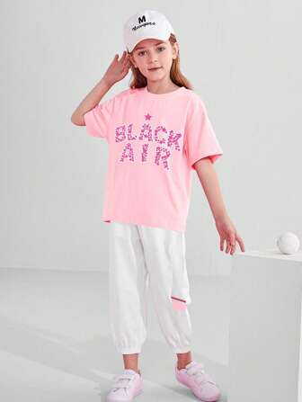 Teen Girl Letter Graphic Drop Shoulder Tee & Pants Set