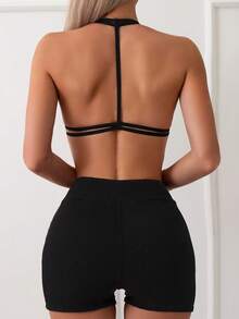 素色掛脖比基尼泳裝 - 黑色 - 查看 2