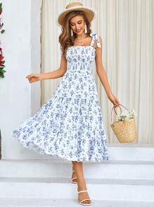 碎花肩上打結荷葉邊吊帶連衣裙 - 藍白色 - 查看 4